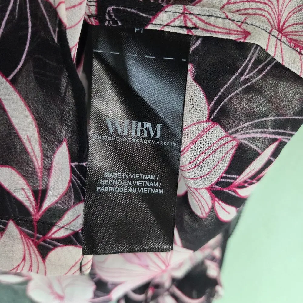 White House Black Market Womens Pink Floral Ruffle Sheer LS Blouse Size Large